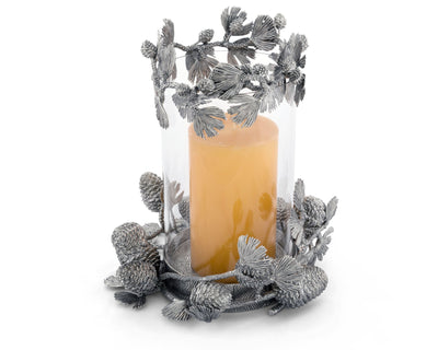 Pewter Pine Cones Pillar Hurricane Centerpiece